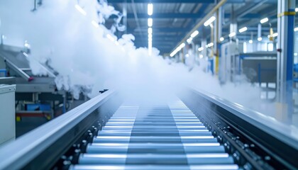 Poster - Industrial Conveyor Belt System with Steam in Modern Factory Setting