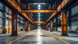 Abandoned Industrial Warehouse Interior with Rusty Beams and Lights