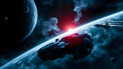 Poster - Space station orbiting planet with spaceship flying above in vast cosmic universe scene