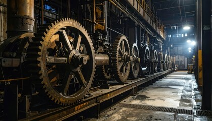 Poster - Industrial Machine Gears in a Dimly Lit Factory Setting