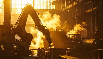 Poster - Industrial Robot Arm in Action with Steam and Sunrise Glow