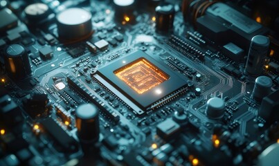 Poster - 青とオレンジの光で照らされた回路基板のクローズアップ未来的なコンピューターテクノロジー