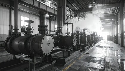 Poster - Industrial Facility with Steam and Valves in Monochrome Setting