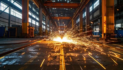 Poster - Bright Sparks Emanating from Metalwork in Industrial Warehouse Setting