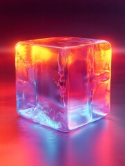 Aufkleber - 透明な立方体のレンダリング カラフルな照明の抽象的なデザイン 鮮やかな赤と青の色の背景