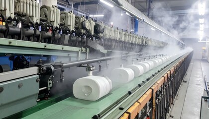Poster - Industrial Production Conveyor with Steam and Plastic Containers
