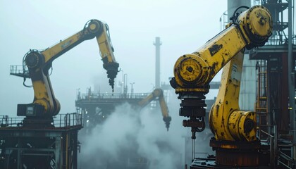 Poster - Industrial Robotic Arms in Foggy Oil Refinery Setting at Dawn