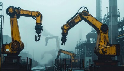 Poster - Industrial Robotic Arms in Foggy Factory Setting at Dusk