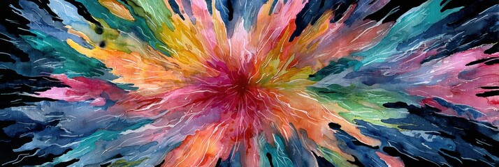 Fototapete - Vibrant Watercolor Burst Resembling an Abstract Flower Explosion on Black Background Generative AI