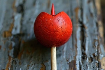 Poster - A small red wooden ornament on a pale wooden stick