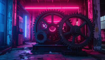 Poster - Industrial Gears in Neon Light, Abstract Urban Environment