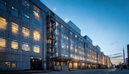 Poster - Modern Industrial Building with Illuminated Windows at Dusk