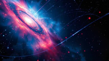 Poster - Stunning spiral galaxy with vivid blue and red center surrounded by stars and nebulas