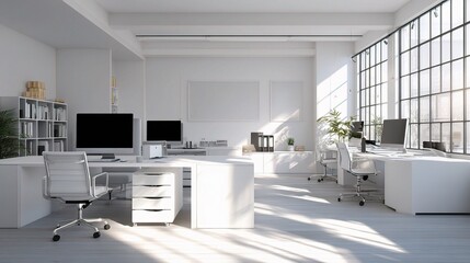 Poster - Modern White Office Interior with Clean Lines and Bright Light