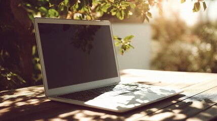 Poster - Sleek Laptop on Wooden Desk Illuminated by Warm Sunlight