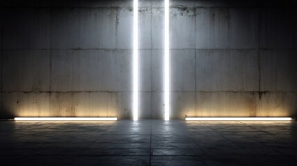 Poster - Vertical Light Strips Illuminating Matte Concrete Wall Interior Design