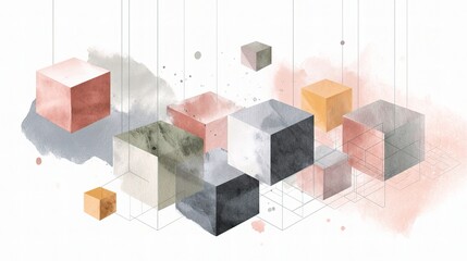 Poster - Abstract Geometric Design Featuring Floating Cubes in Soft Colors