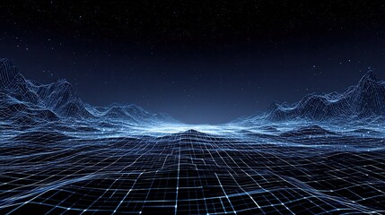 Poster - Abstract Futuristic 3D Terrain Grid with Lines in Dark Background