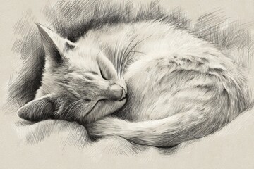 Poster - Detailed Sketch of a Cat Curled up in a Sleeping Position With a Soft Background Creating a Calm Atmosphere Generative AI