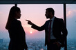 © Alex & M Studio - Dramatic silhouette of workplace conflict between businessman and businesswoman against spectacular sunset cityscape backdrop, depicting tense professional disagreement and power dynamics
