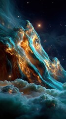 Wall Mural - cosmic cloudscape with vibrant turquoise and orange nebula, illuminated by distant stars and glowing