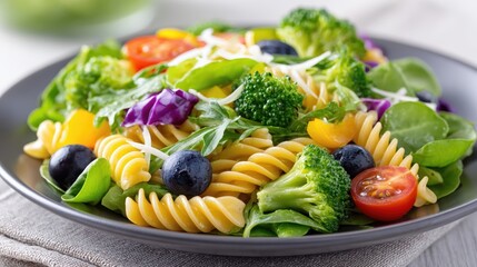 Poster - Colorful Pasta Salad Bursting With Fresh Ingredients Served on a Sleek Plate in a Bright Kitchen