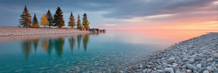 Poster - Tranquil Sunrise Over a Serene Lake With Smooth Pebbled Shoreline and Reflective Trees
