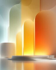 Poster - Colorful Podiums Illuminated by Circular Lights Create a Vibrant Atmosphere in a Pastel-Hued Setting
