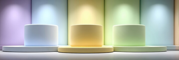 Poster - Vibrant Podiums Under Circular Lights Create an Inviting Space for Creativity and Expression