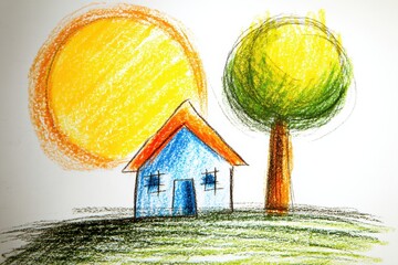 Aufkleber - Dreamy Childs Crayon Sketch Featuring a Whimsical House, a Vibrant Tree, and a Bright Sun on a Sunny Day Generative AI