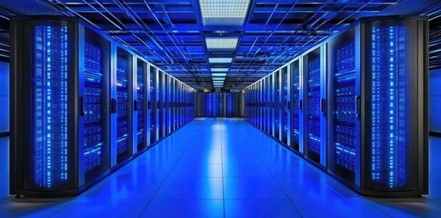 Aufkleber - Futuristic server room filled with bright blue-lit racks and advanced infrastructure, ideal for illustrating high-performance cloud, cybersecurity, and enterprise data systems