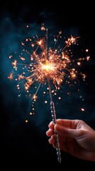 Wall Mural - sparkling handheld firework emitting golden light and smoke on a black background creates magical ce