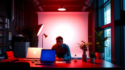 Poster - Man working on laptop in modern room with cozy atmosphere and soft natural lighting effects