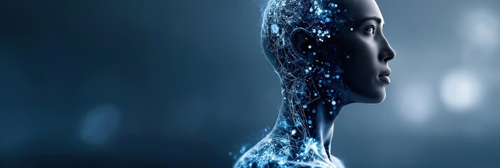 Fototapete - a woman's face is shown in a blue and white color scheme. the image is of a futuristic woman with a 
