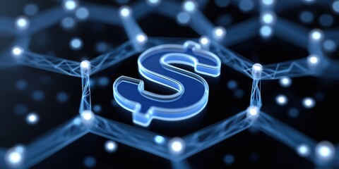 Fototapete - A blue dollar sign is surrounded by a web of blue lines. The dollar sign is the focal point of the image, and the blue lines create a sense of depth and complexity. Scene is one of sophistication