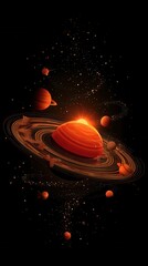 Wall Mural - Planetary illustration featuring a sun emitting radiant light upon ringed planet with floating moons in a cosmic expanse of stardust.