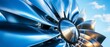 © Qbertstudio - Jet engine spins against backdrop blue sky, representing technological advancement aerospace engineering.