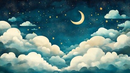 Wall Mural - the watercolor background features a cartoonish night sky complete with clouds and stars