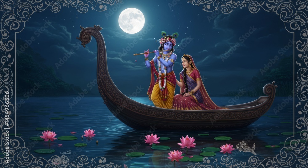Radha and Krishna enchanting boat ride under the moonlight with lotus