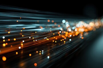 Poster - Dynamic display of fiber optic cables showcasing vibrant light trails in a dark environment, symbolizing advanced technology and connectivity
