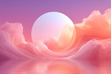 Poster - This artwork showcases colorful abstract clouds forming a dreamy landscape with a bright round sun rising over a calm reflective surface