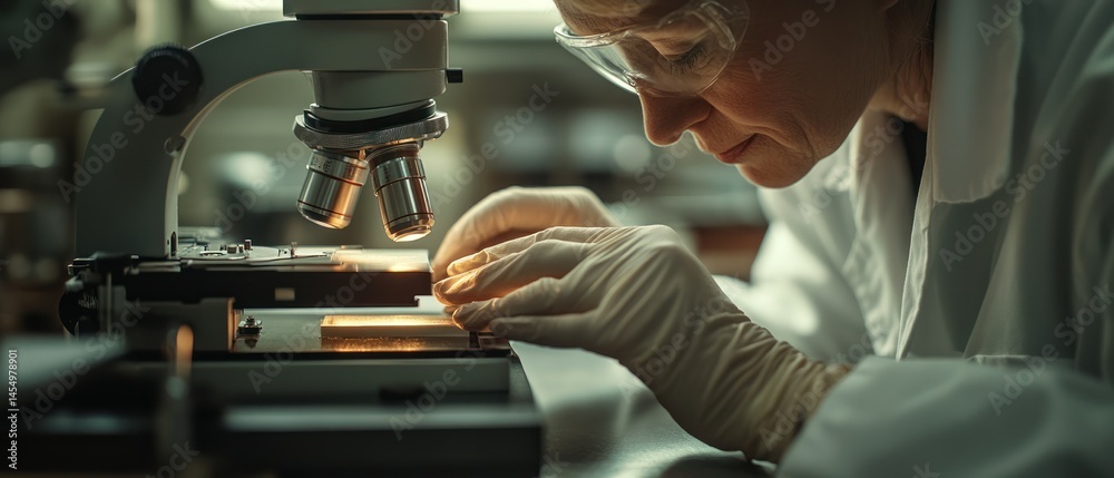 Researcher examines specimen under microscope, revealing focused ...