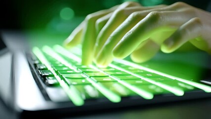 Poster - Person typing on laptop keyboard with focused hand position in a modern workspace environment