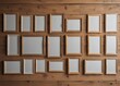 © Momay - Empty photo frames collage mockup, various sizes & styles, on wooden background, frames, interior design, frames mockup