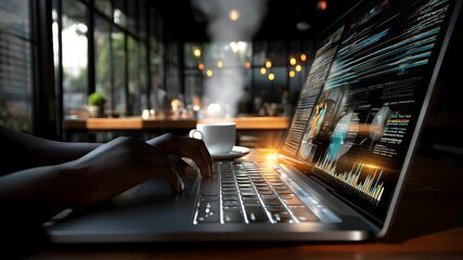 Poster - Person engaged in productive work typing on laptop in modern workspace with natural lighting