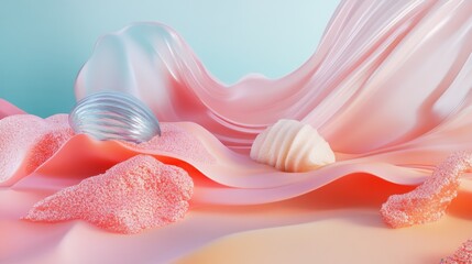 Fototapete - Creamy pastel waves with floating shells and candy textures