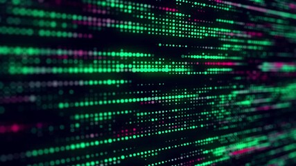 Poster - Abstract structure of green dots with light on a black background. Science backdrop with moving particles. Digital transfer of big data. 3d rendering.