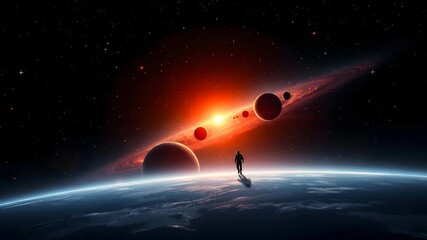 Poster - Person standing on a colorful planet with stars and cosmic elements in a vast universe scene