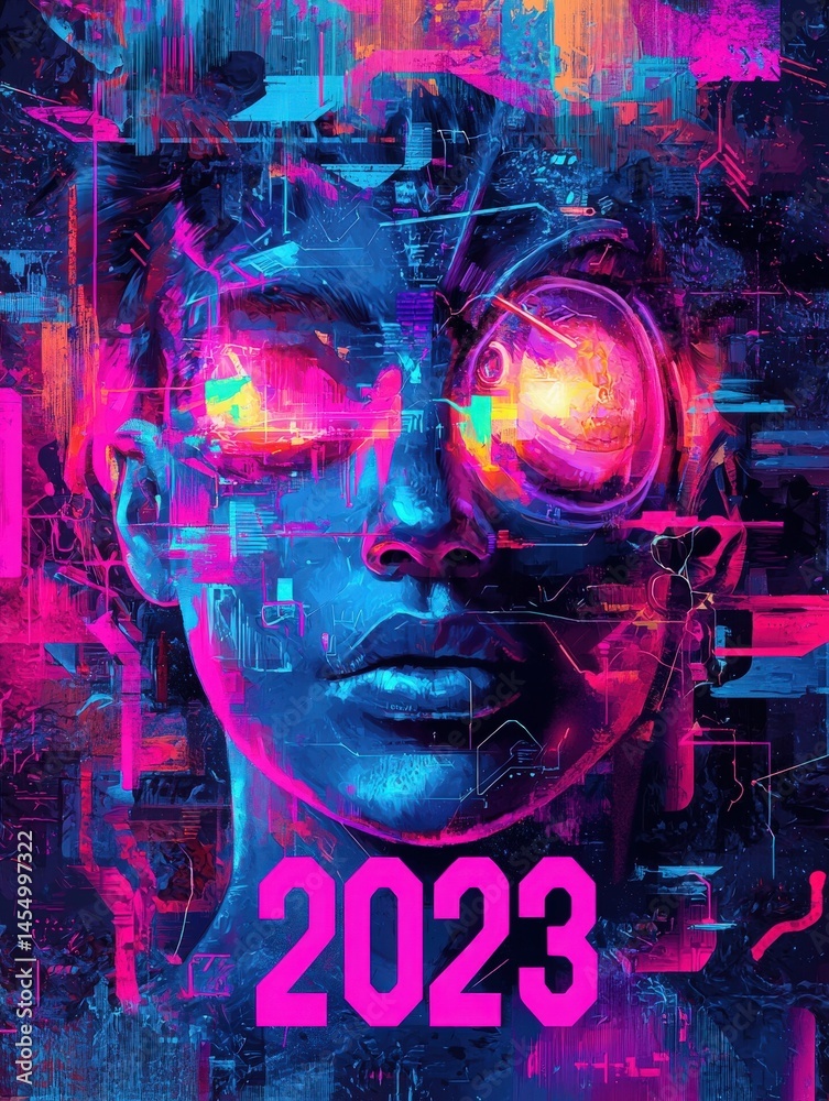 A striking portrait of a humanoid figure infused with vibrant colors and futuristic technology.