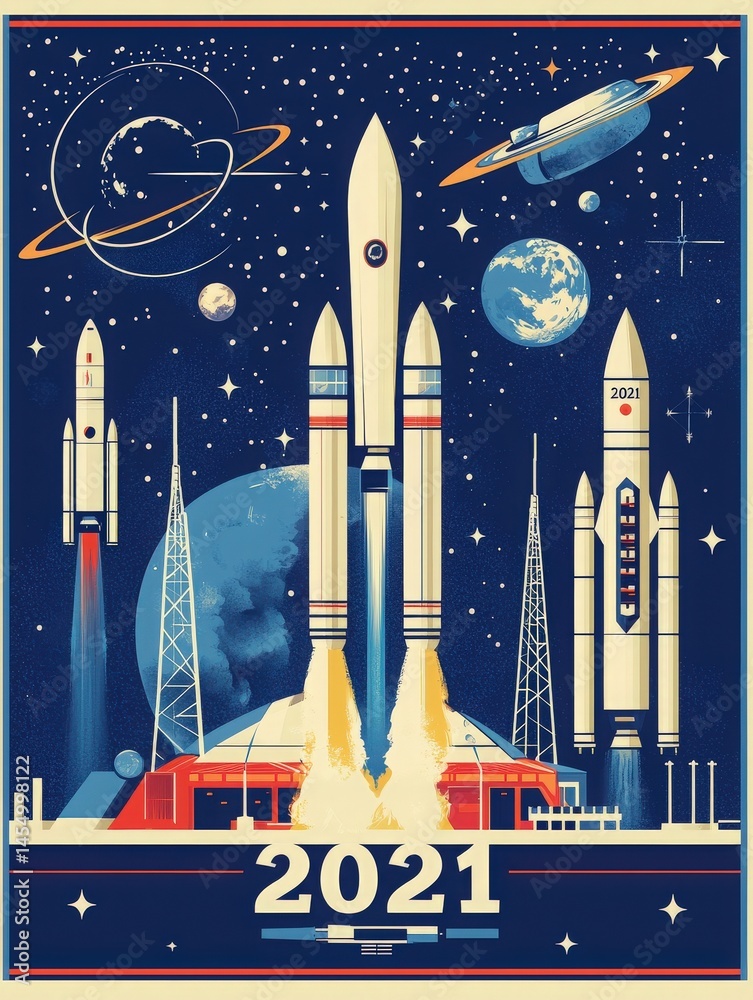 The artwork showcases multiple rockets poised for launch against a starry background. Planets and satellites fill the sky, representing the excitement of space exploration in 2021.